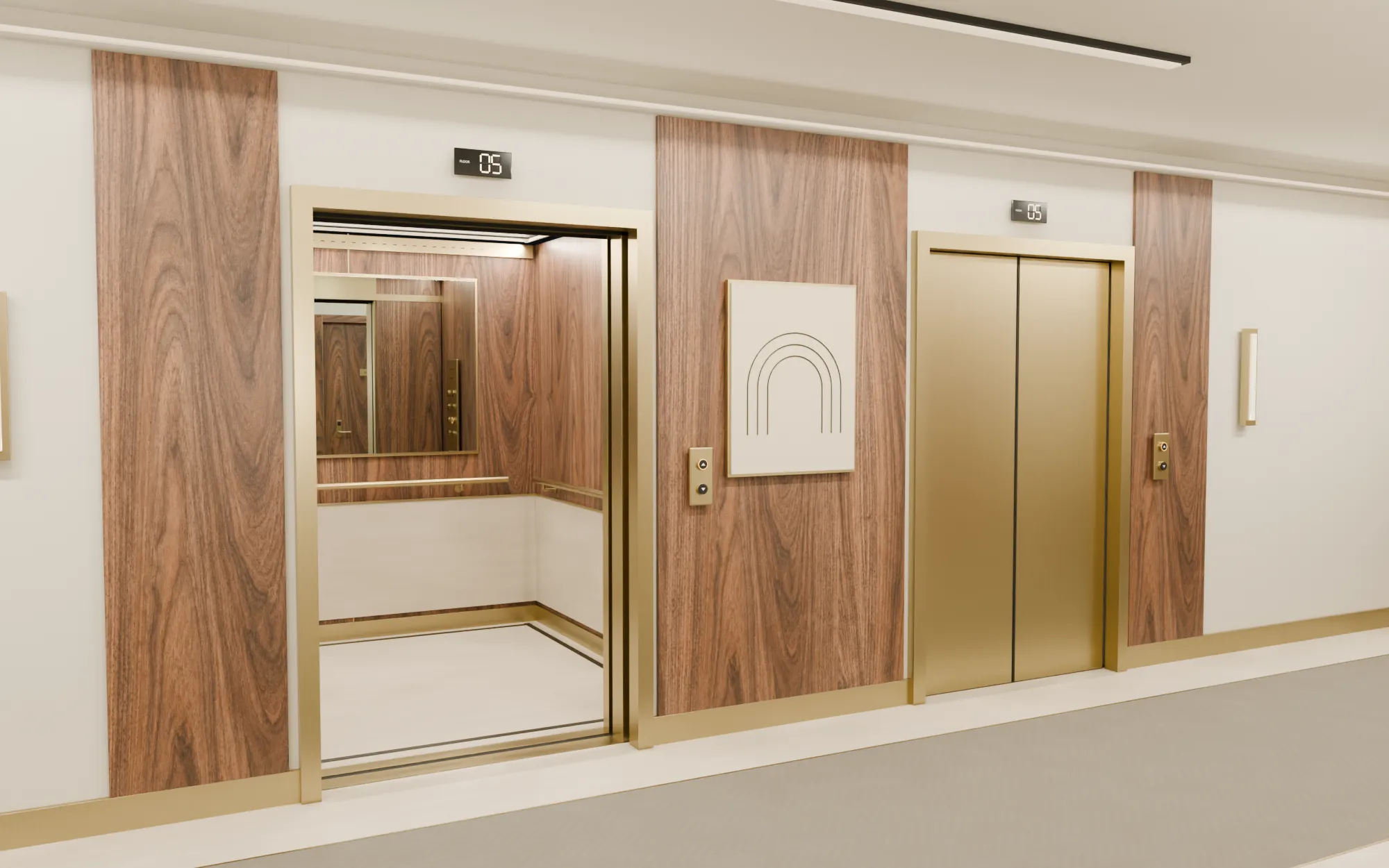 3D render of a lift lobby with walnut panels and brass doors