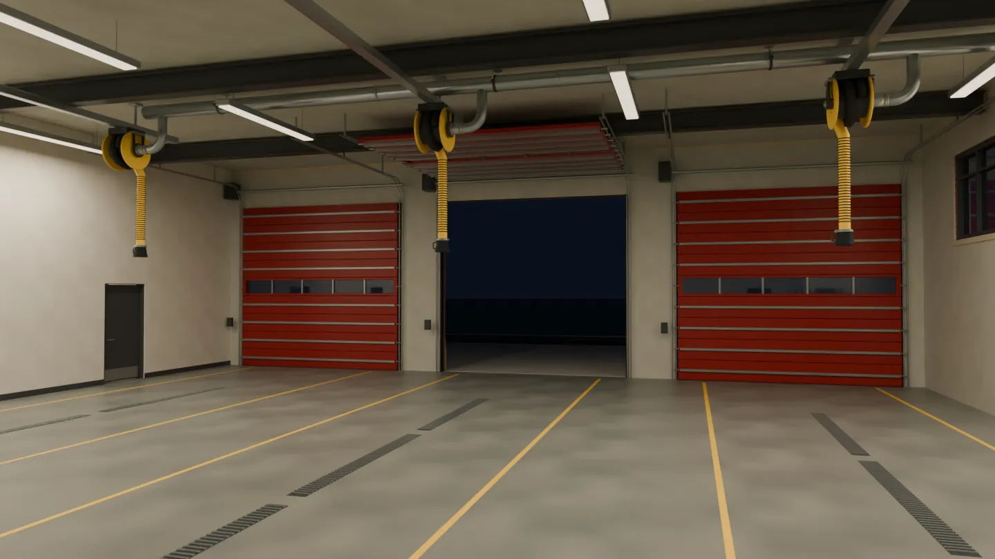 3D render of a garage bay with red doors and hose reels